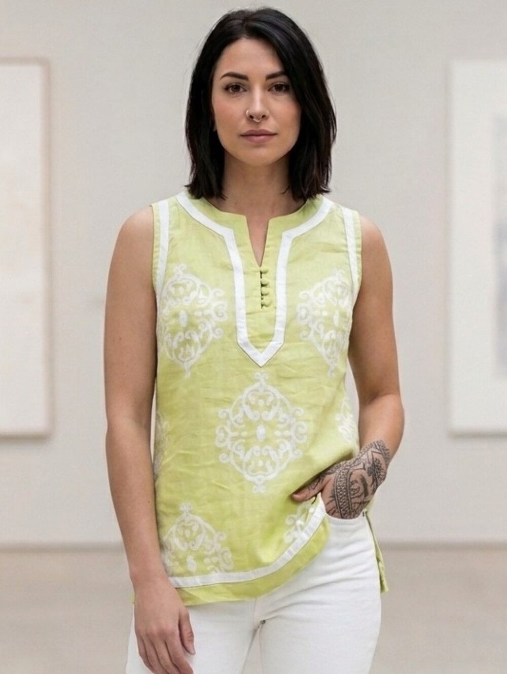 ANN CARSON💚LINEN Beautiful Lime Green Sleeveless Tunic Sewn White Detail Sz S